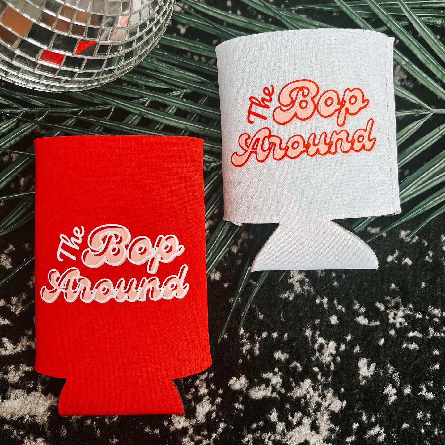 the bop around red and white coozies